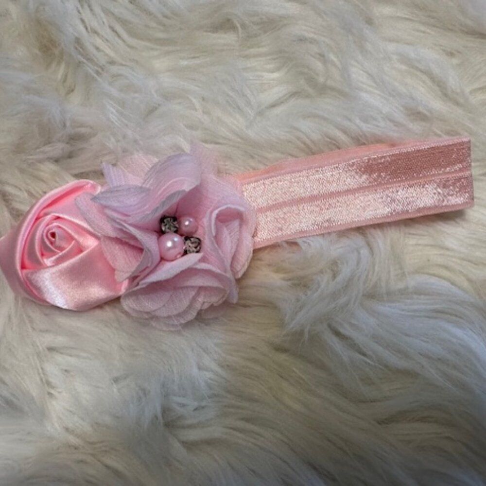 Double Pink Flower on FOE Headband 7879 Handmade NWT Boutique - Picture 1 of 1